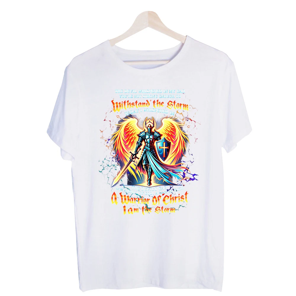 Men's Angel Warrior with Wings and Cross Graphic Tee, Short Sleeve Crew Neck T-Shirt for Casual Daily Wear