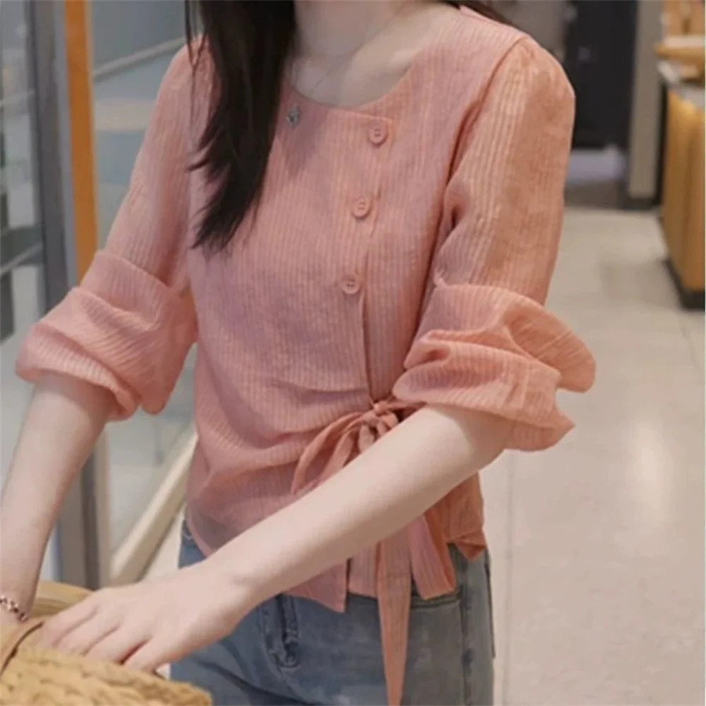 

Women's Elegant Shirt Female Spring Autumn Tops Slim Beautiful Shirt Vintage Irregular Design Lace-up Puff Long-sleeved Blouse