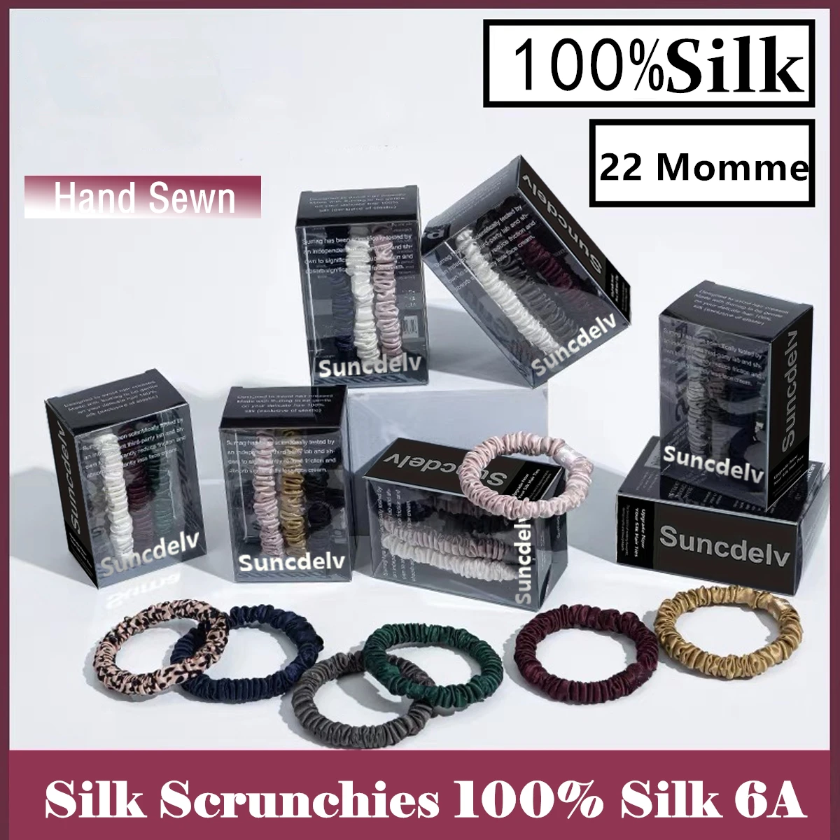 

100% натуральный шелк, однотонные резинки для волос, высококачественные резинки для волос (22Momme), женские большие ленты для волос, аксессуары для волос (4 шт. в коробке)