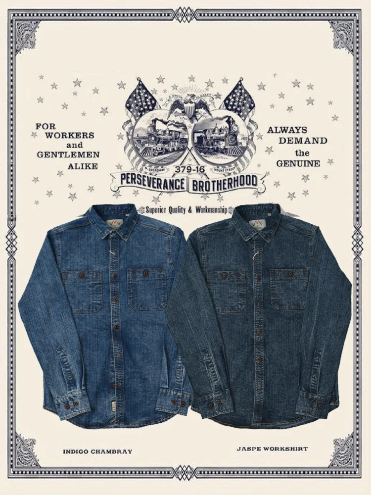 Snow Wash Denim Amekaji American vintage Heavy Wash Denim Cargo Shirts