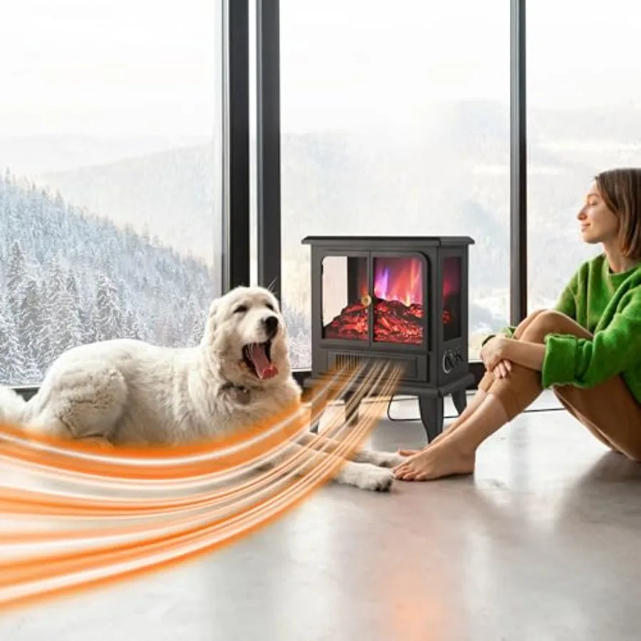 Electric Fireplace Heater, Realistic Flame Effect, 1500W Freestanding space heater, 2 heat settings, 3-sided viewing windows, w
