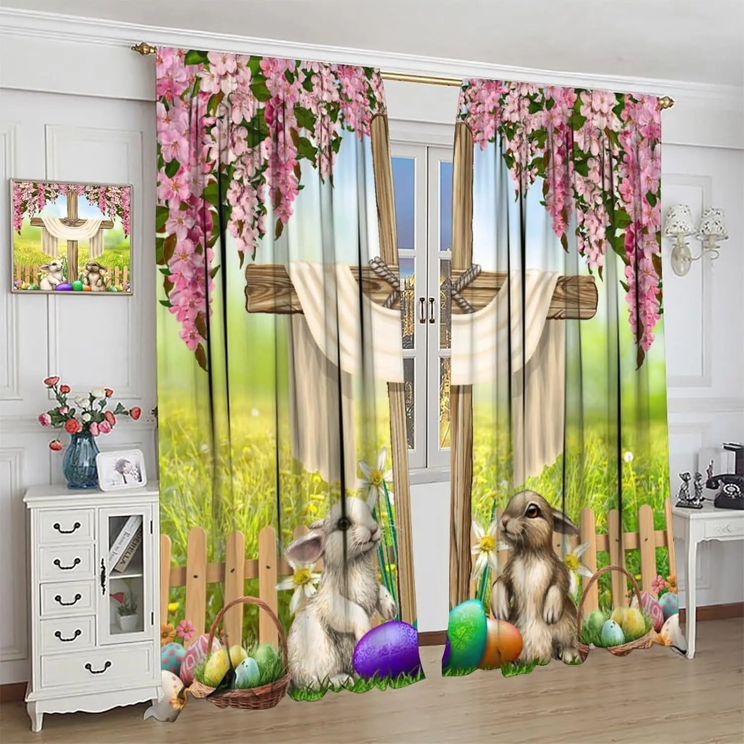 Easter Curtains Spring Flowers Cute Bunny Cross Eggs Colourful Patterns Window Treatments for Boys Girls Kids Living Dining Room