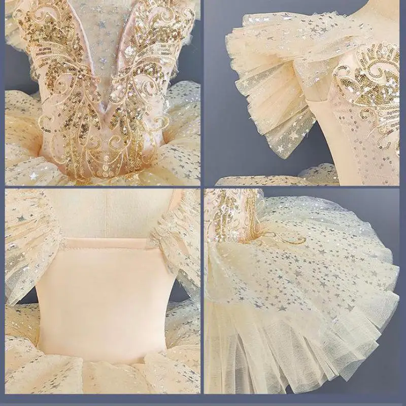 Beige Sequined Ballet Dress For Girls Kids Romantic Tutu Performance Clothing Ballerina Dress Contemporary Dance Costumes