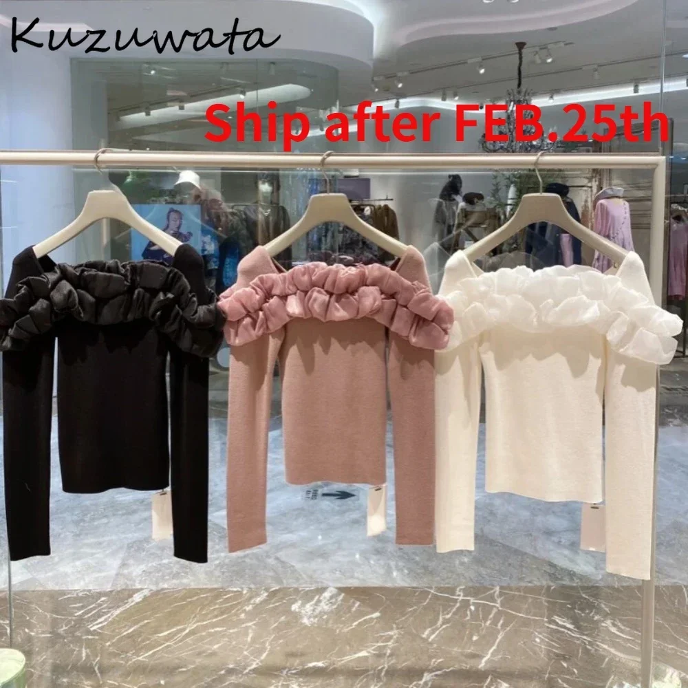 Kuzuwata Temperament Slash Neck Long Sleeve Sweaters Off Shoulder Elegant Ruffles Patchwork Jumper Japan Knit New Moda Pullovers