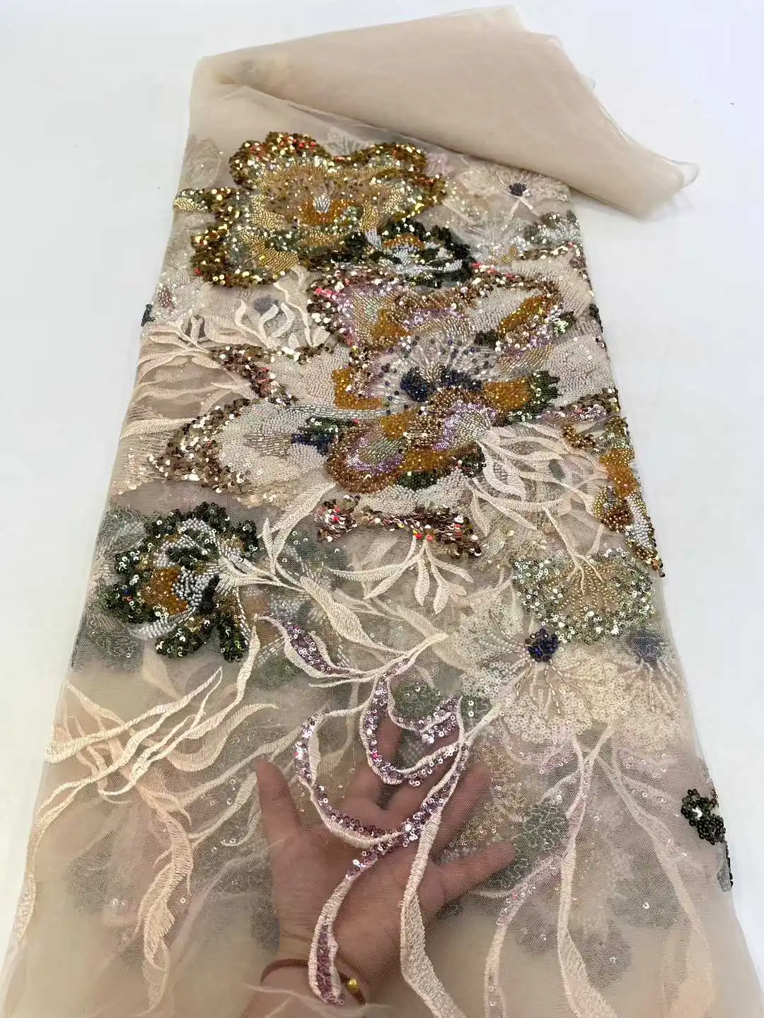 African Heavy Beaded Lace Fabric 2025 High Quality Beads Nigerian Sequins Groom Lace French Tulle Fabric For Party Dress Sewing