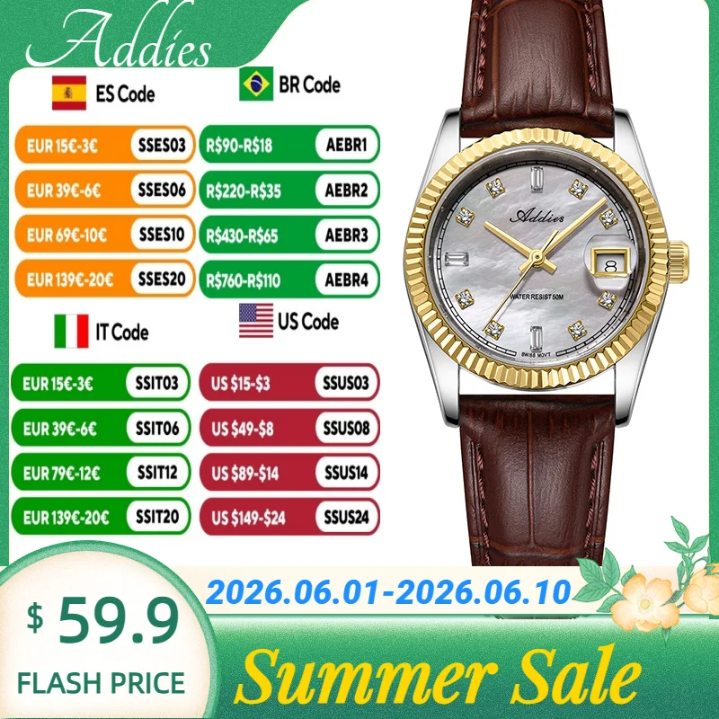 

Addies 28mm Mother of Pearl Dial Czech rhinestones Wristwatch Date Display Sapphire Glass Quartz Watches Dress watch for women