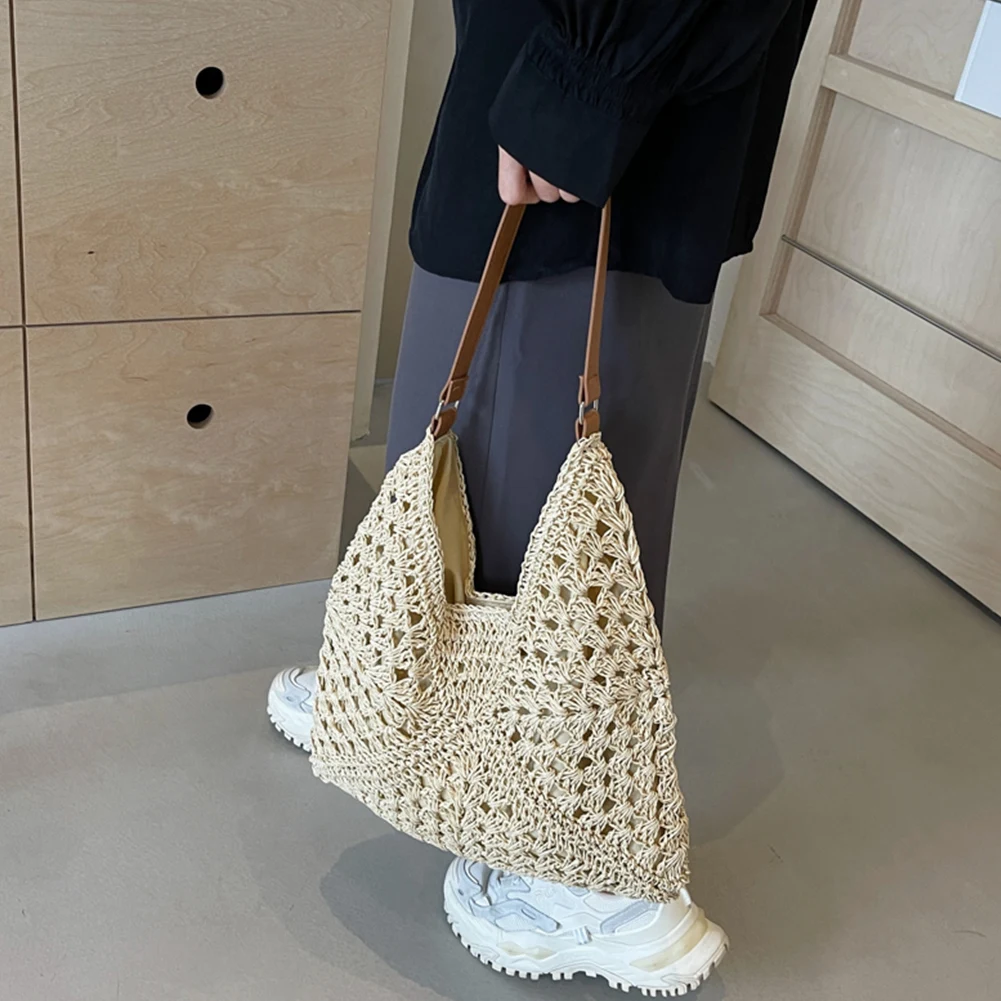 

Summer Straw Bag Hollow Out Tote Bag Large Vacation Bag Solid Color Holiday Travel Handbag Boho Shoulder Purse for Women