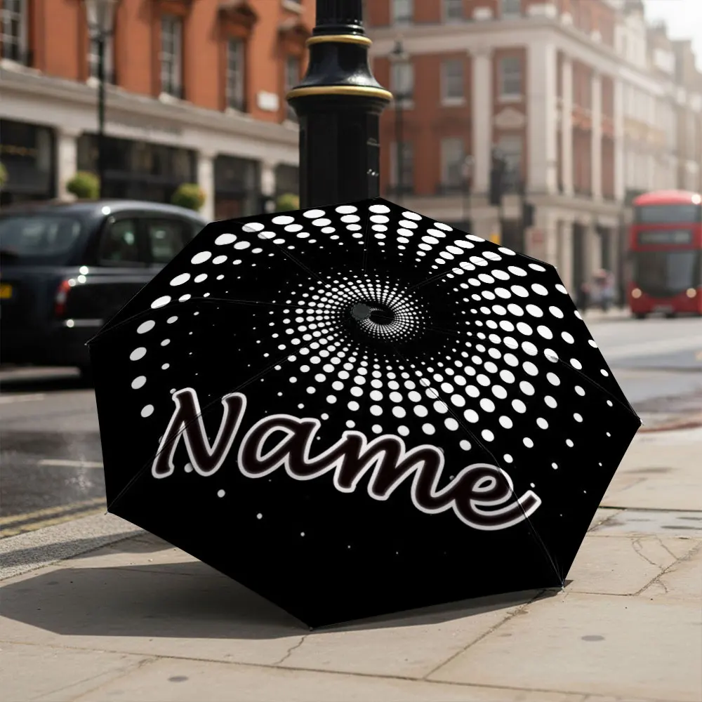 Custom Name Umbrella Black White Dot Spiral Optical Illusion Abstract Geometric Print Folding Umbrella Portable Travel Parasol
