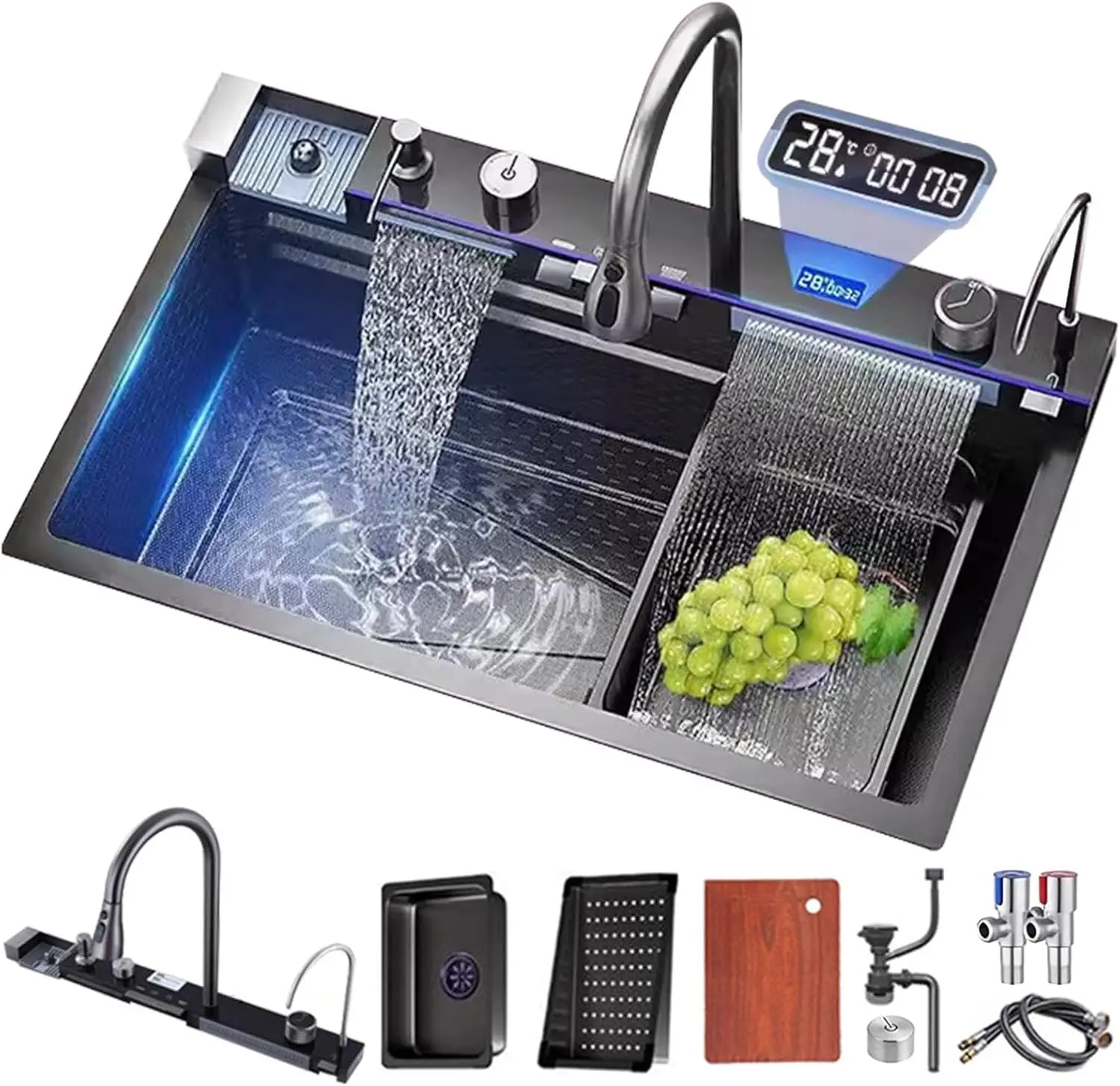 

Кухонная мойка с двойным водопадным изливом, LED-дисплеем, устройством для мытья чашек, дозатором мыла, смесителем с функцией водопада, контроллером на столешнице и т.д. w