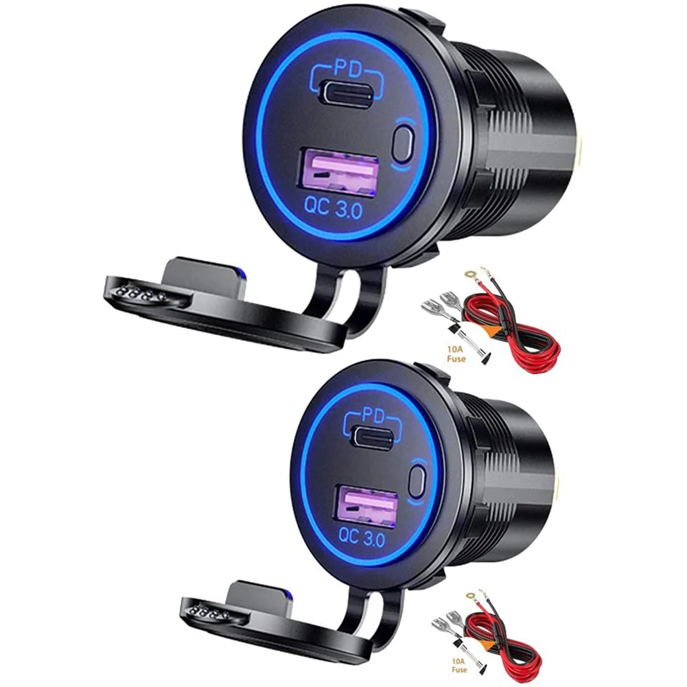 2 Packs PD Type C USB Car Charger and QC 3.0 Quick Charger Power Outlet Socket with ON/Off Switch for Motorcycle, Blue