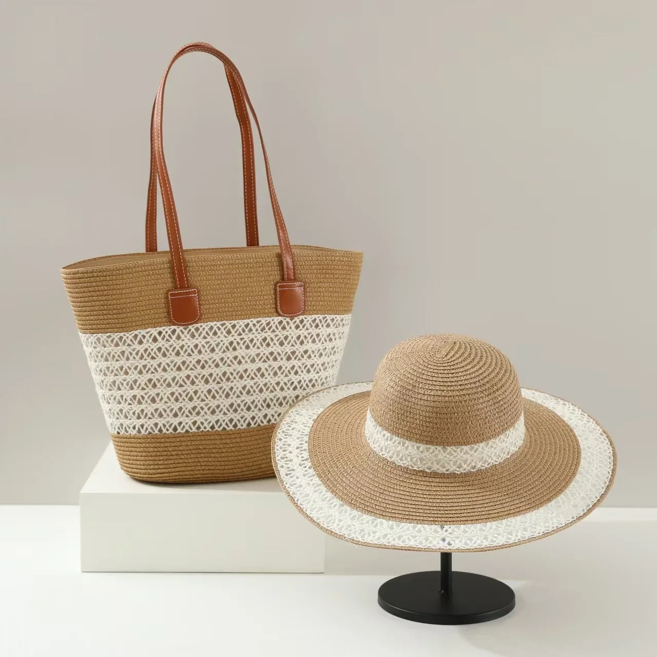 Conjunto de Bolsos de Paja de Gran Capacidad, Bolso de Hombro Tipo Cubo para Playa, Sombreros de Paja Modernos para Mujer, Bolso de Mano Estilo Chino con Una Sola Rayas