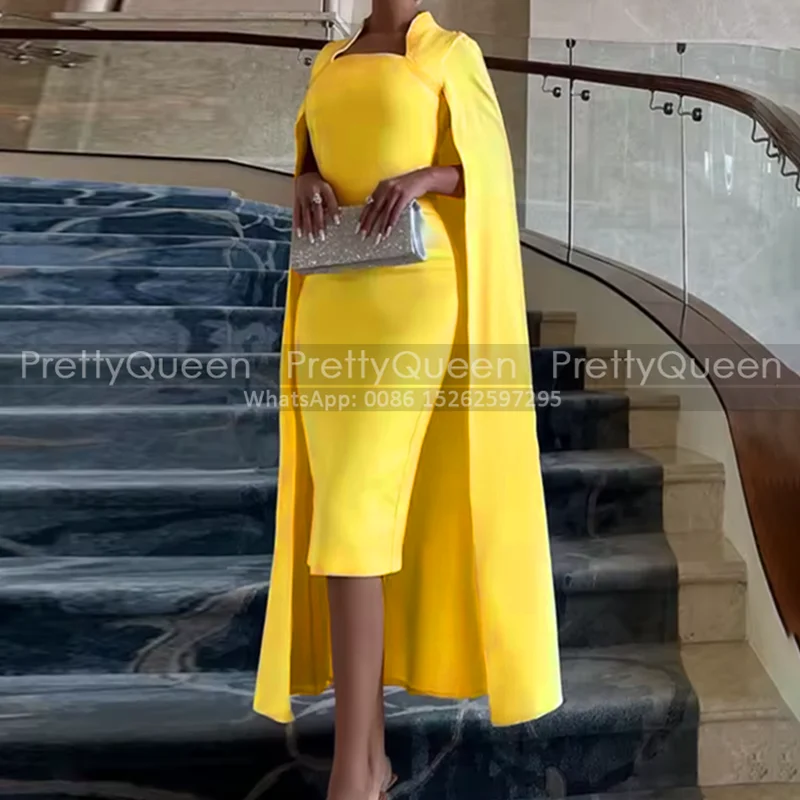 

Gold Yellow Short Evening Dress Sheath Knee Length Square Neck Customized Cape Cloak Prom Dresses Party For Women