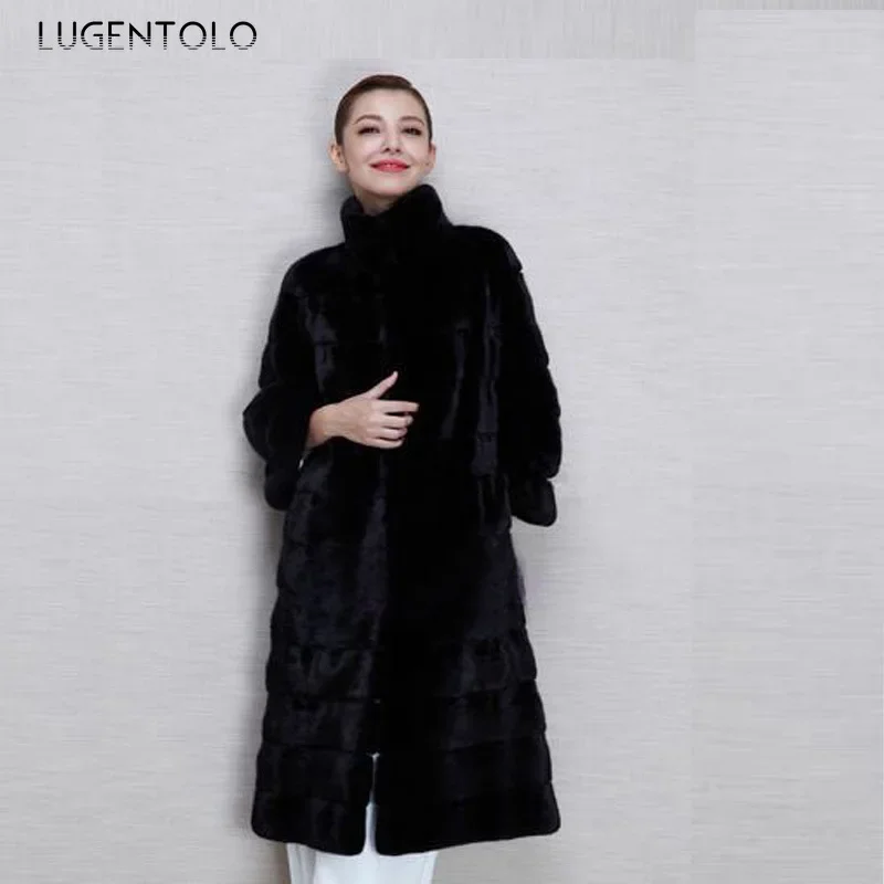 Vrouwen Fahsion Faux Bontjas Warme Herfst Winter Opstaande Kraag Dame Elegante Kwaliteit Nieuwe 2023 Lange Outwear Zwarte Doek Lugentolo