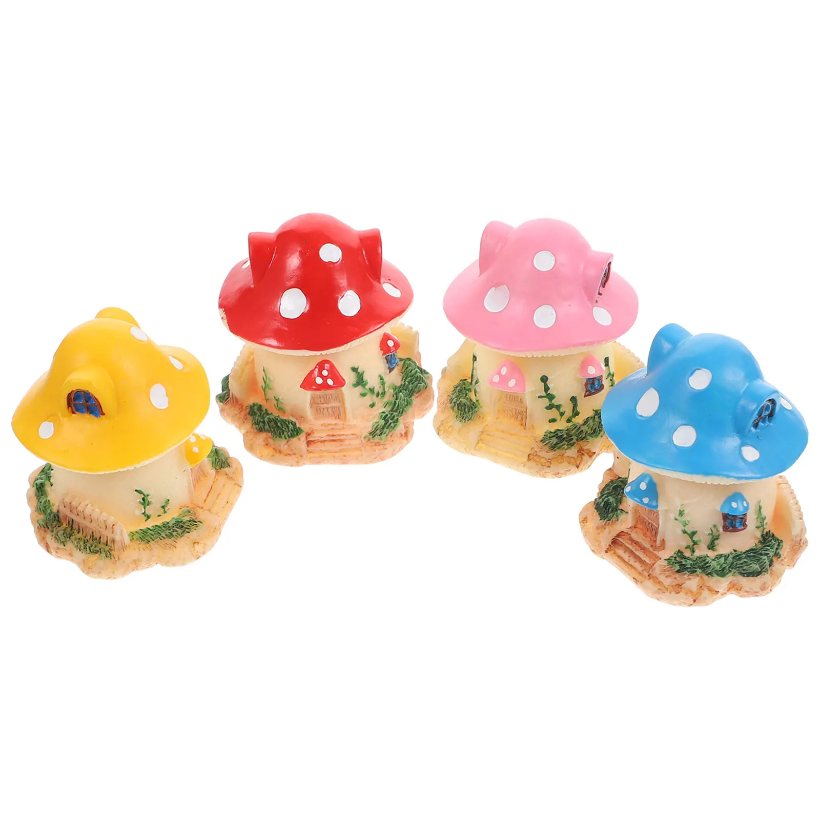 

4pcs House Figurines Resin Cartoon Miniature Decorations DIY Garden Pink Red Micro Landscape Mushroom Decors Yellow Blue