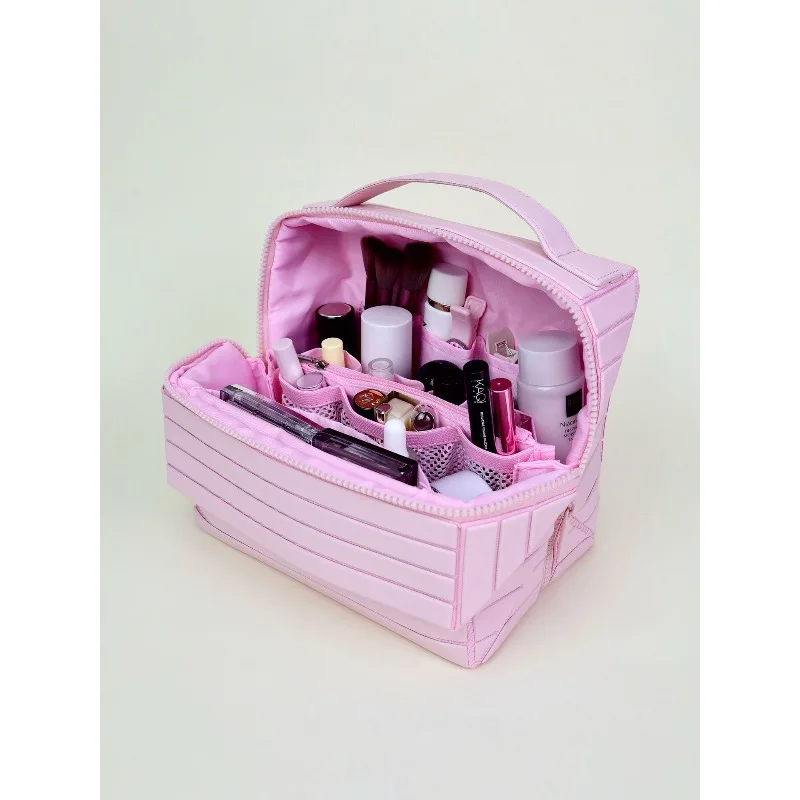Women Striped PVC Storage Bag, Foldable Travel Makeup Bag, Large Capacity Portable Outdoor Toiletry Cosmetic Organizer Pouch