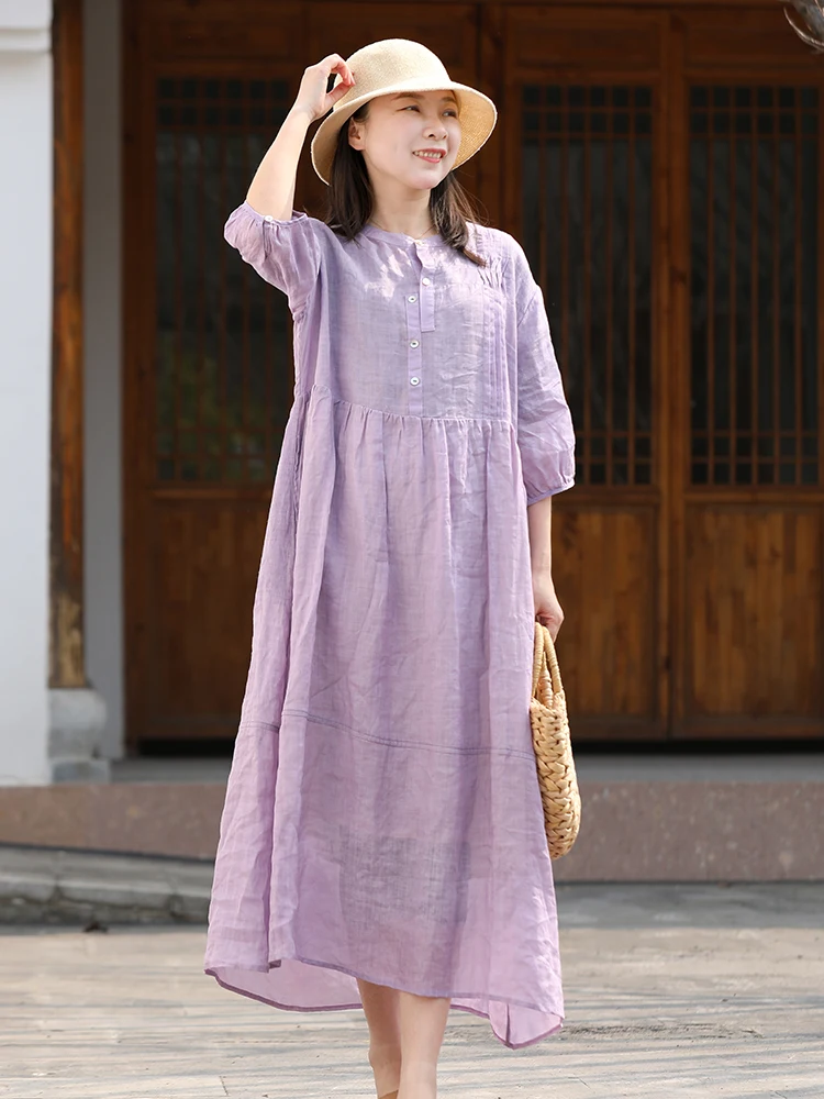 

High-End Hemp Vintage Dr Women's Summer New High Waist Loose Chinese Artistic Slimming Sle Skirt A-Line Long Sve