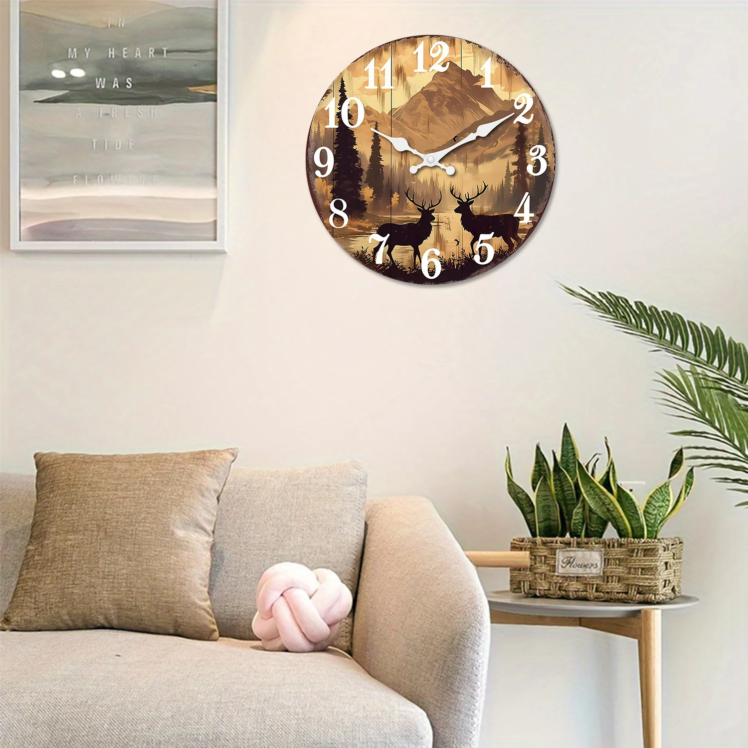 Forest-Themed Elk Wooden Wall Clock, 10-16inch Round Silent Large Clocks, Aa Battery Powered, Suitable for Living Room, Bedroom, Office, Outdoor Decoration (Battery Not Included)