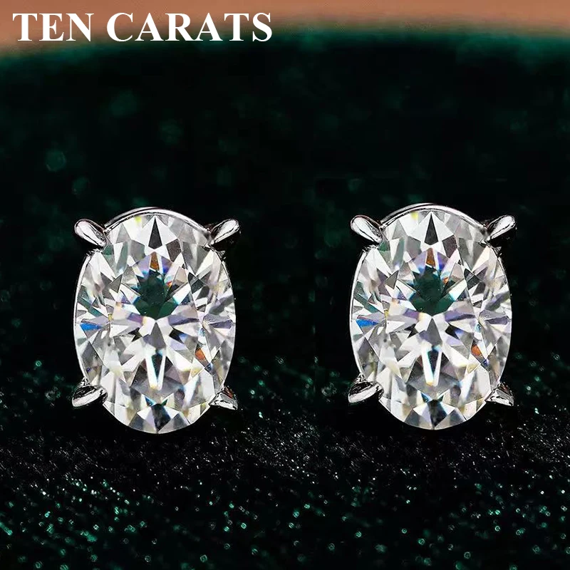 

TEN CARATS 925 Sterling Silver Moissanite Stud Earrings Oval Cut Sparkling Jewelry for Women Daily Wear Wedding Anniversary Gift