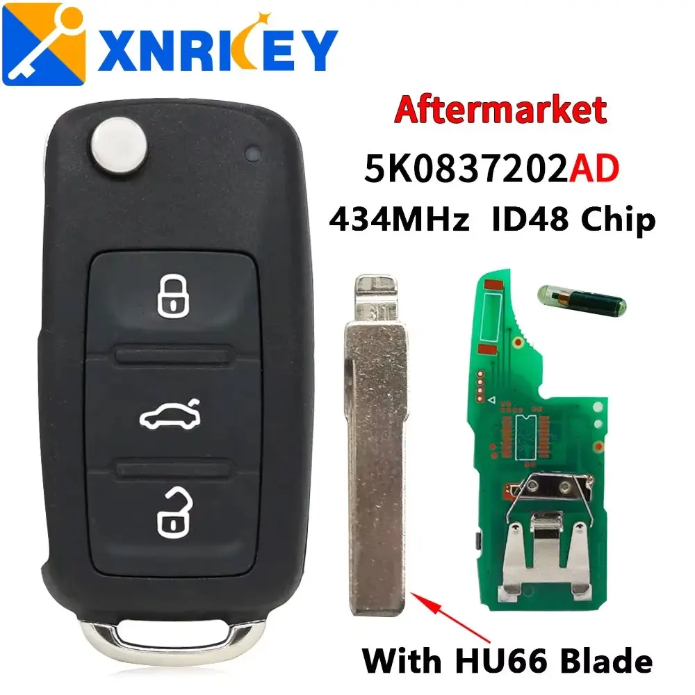 

XNRKEY Aftermarket 3B 434Mhz ID48 Flip Remote Car Key Fob For VW PASSAT Polo Skoda Seat Polo/Golf/Beetle 5K0837202AD NO Logo