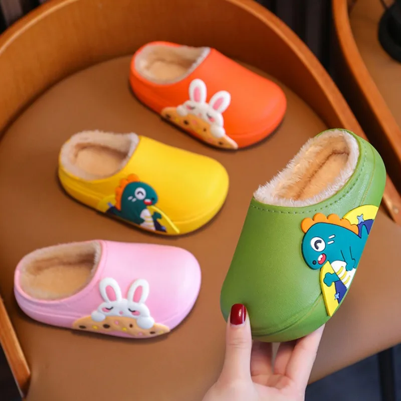 Children's Cartoon Slippers Winter Indoor Non-Slip Sole Cotton Shoes Boys Girls Waterproof Kids Shoes Plush Warm Home Slippers