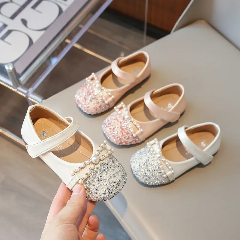 

Princess Shoes for Girls 2024 Spring Autumn New Girl PU Leather Flats Fashion Crystal Soft Sole Shining Diamond Casual Loafer