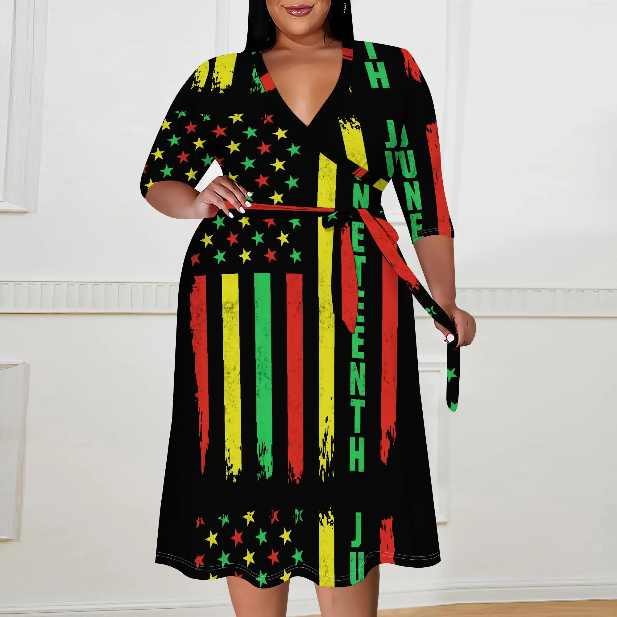 

Juneteenth Flag Women's Maxi Dress XL-6XL, V-Neck Casual Summer Dress with Belt, Red, Green & Yellow Stripes