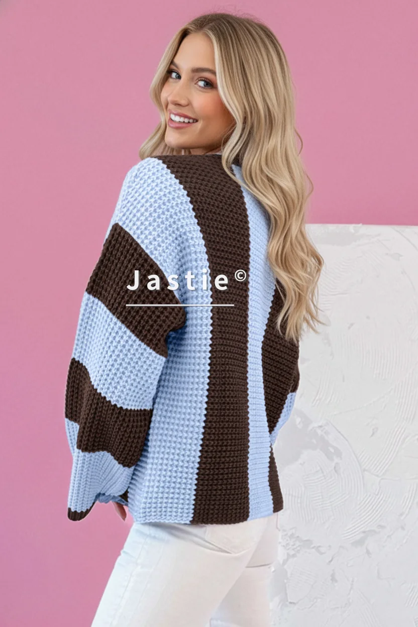 المرأة الوردي والبني مخطط الهراء متماسكة سترة المتضخم طاقم الرقبة قطرة الكتفين دافئ بلوزة كاجوال لخريف/شتاء القمم #2