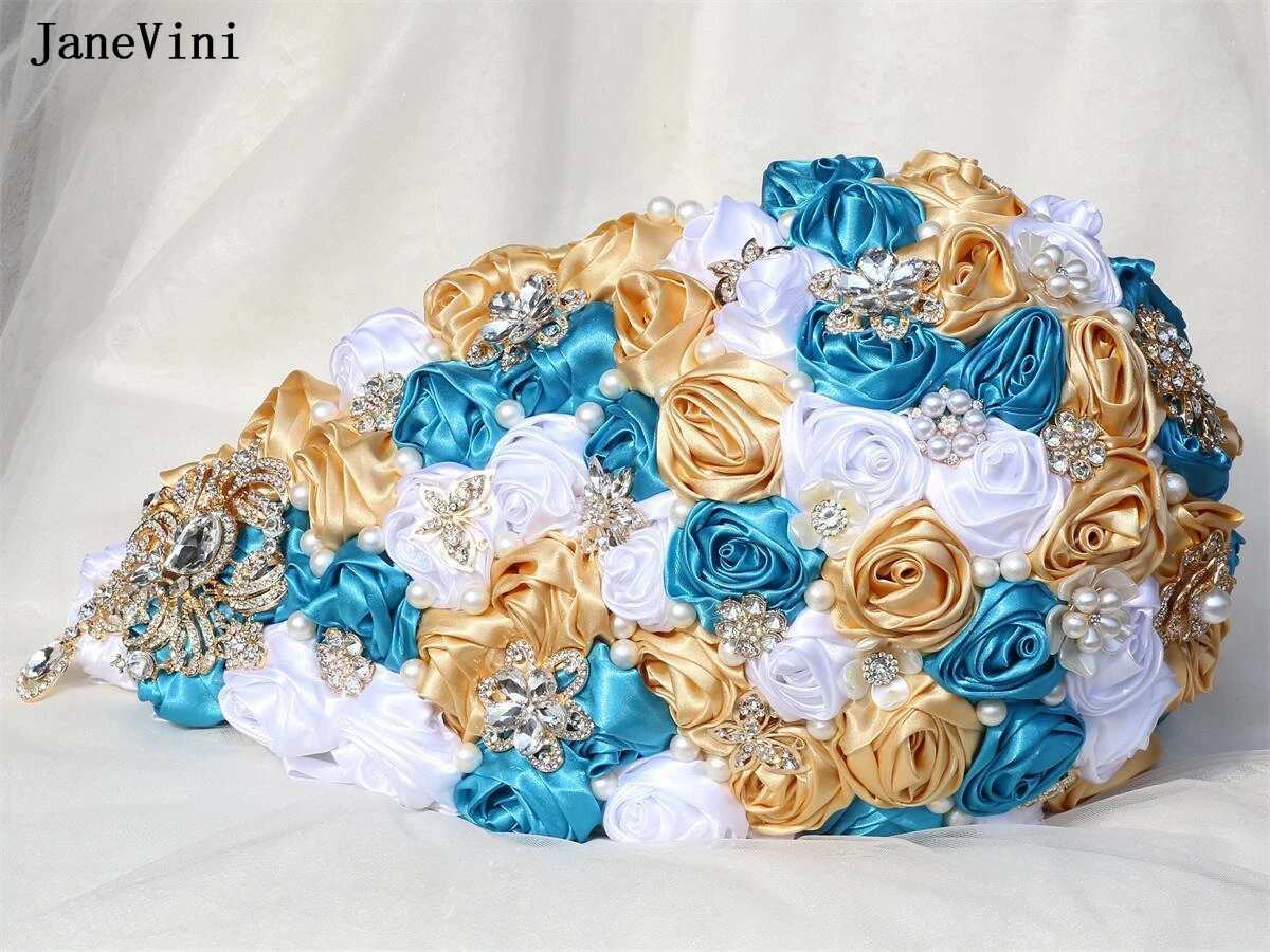 Janevini Luxus Strass Wasserfall Braut sträuße blau weiß Band Rosen Perlen kaskadi renden Blumenstrauß Hochzeit Zubehör