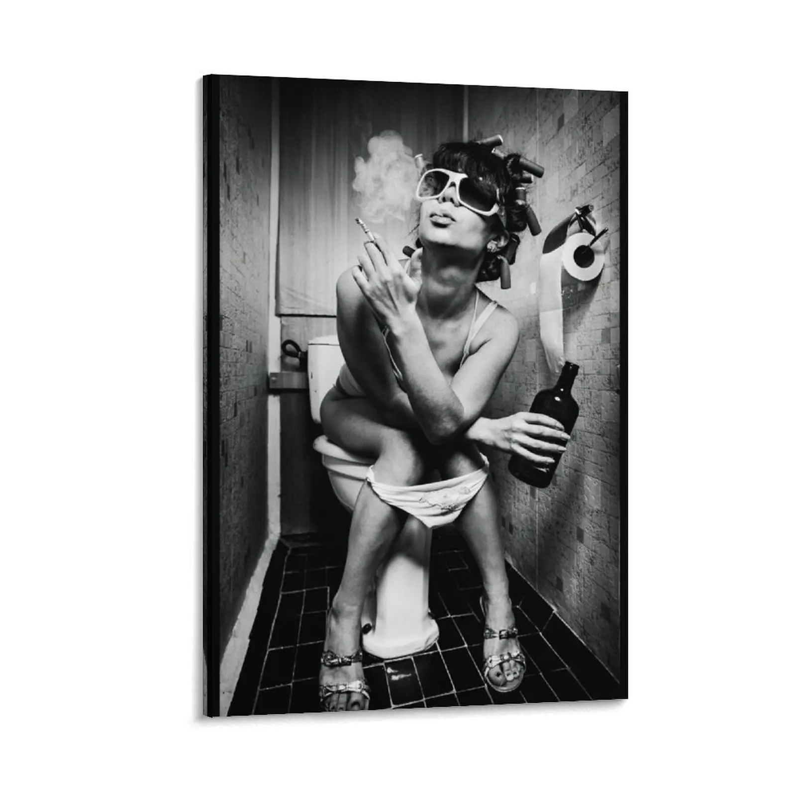 

Girl Sits In The Toilet - Black And White Girl Sits In The Toilet Smoking - Girl Smoking In Toilet Canvas Painting art mural