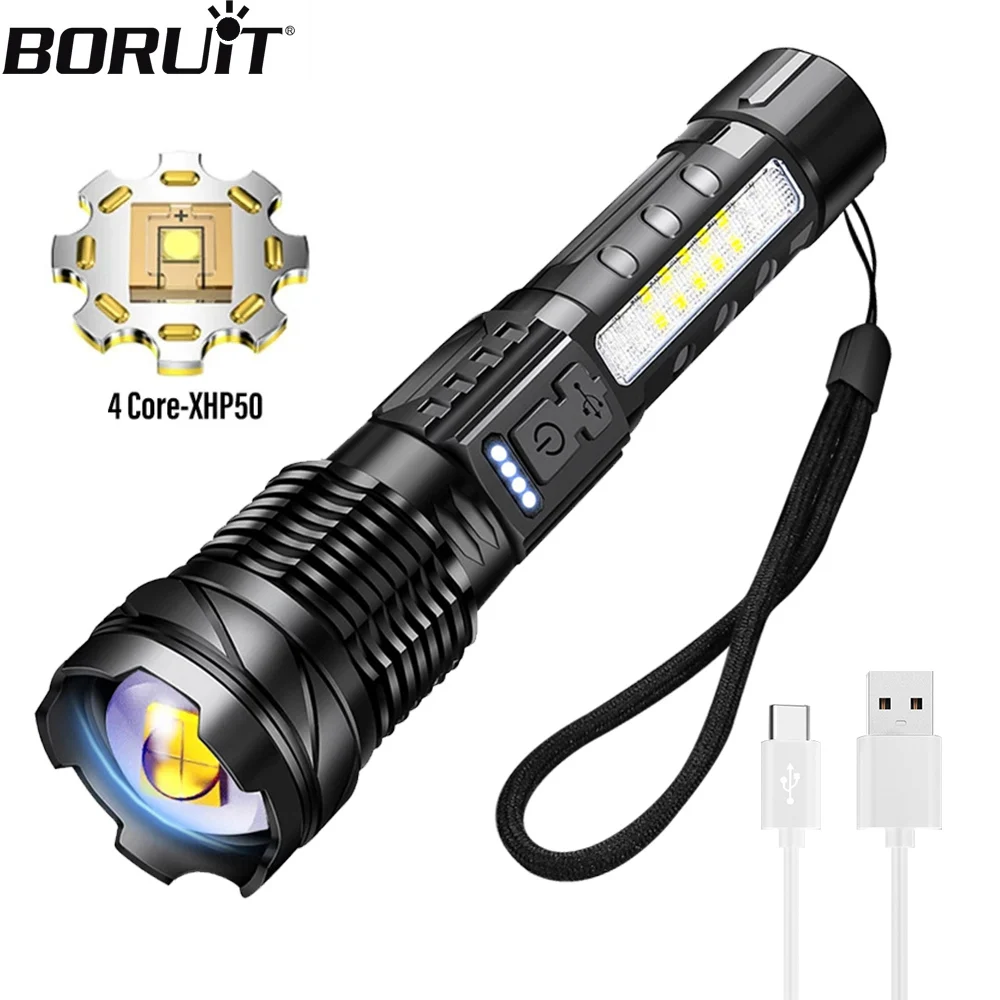 

BORUiT 30W Powerful LED Flashlight 2000LM 1200m USB Rechargeable Portable Telescopic Zoom Torch With Side Light Built-in battery