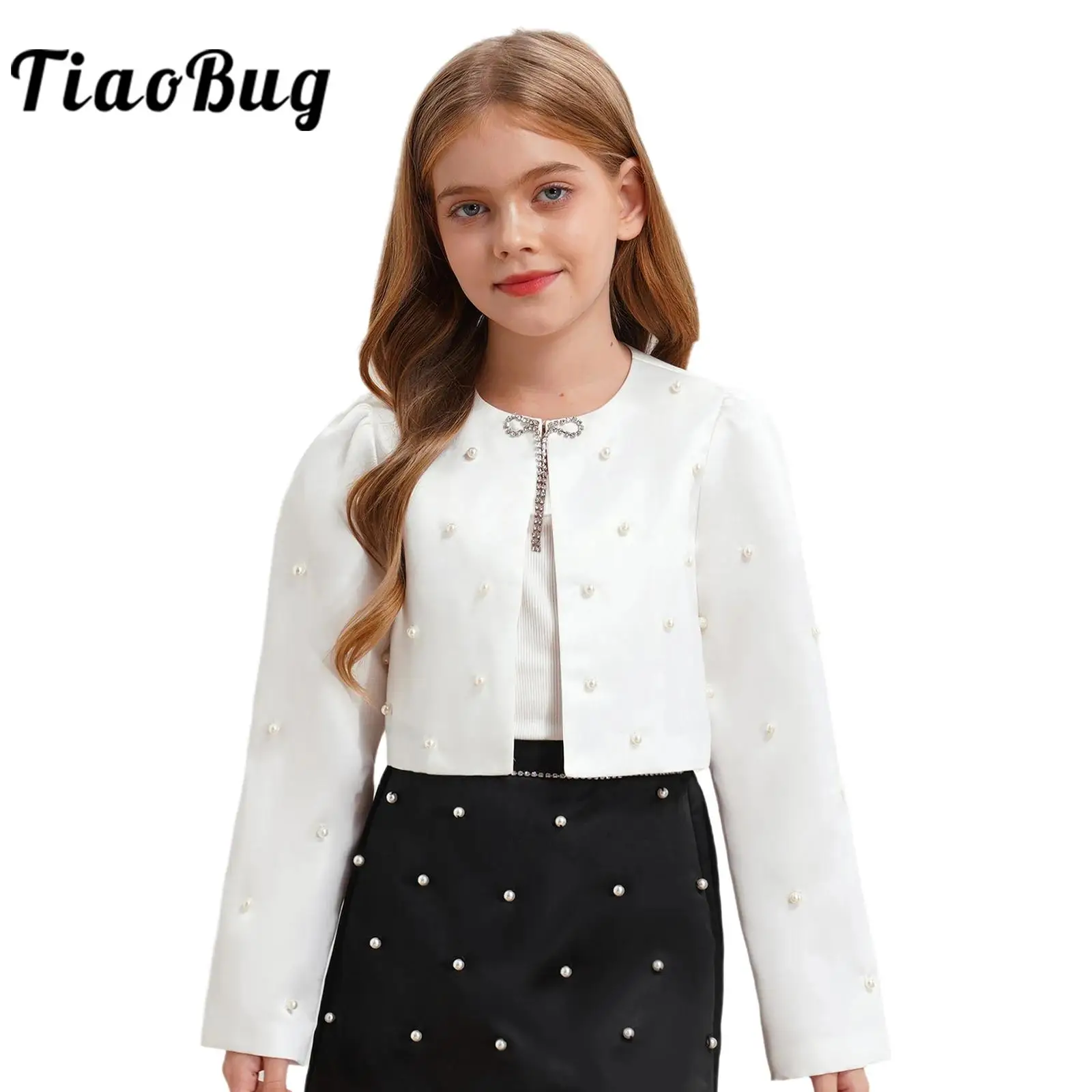 

Flower Girl Bolero Shrug Children Long Sleeve Satin Coats Faux Pearls Short Jacket Outerwear for Wedding Accessories Party Wrap