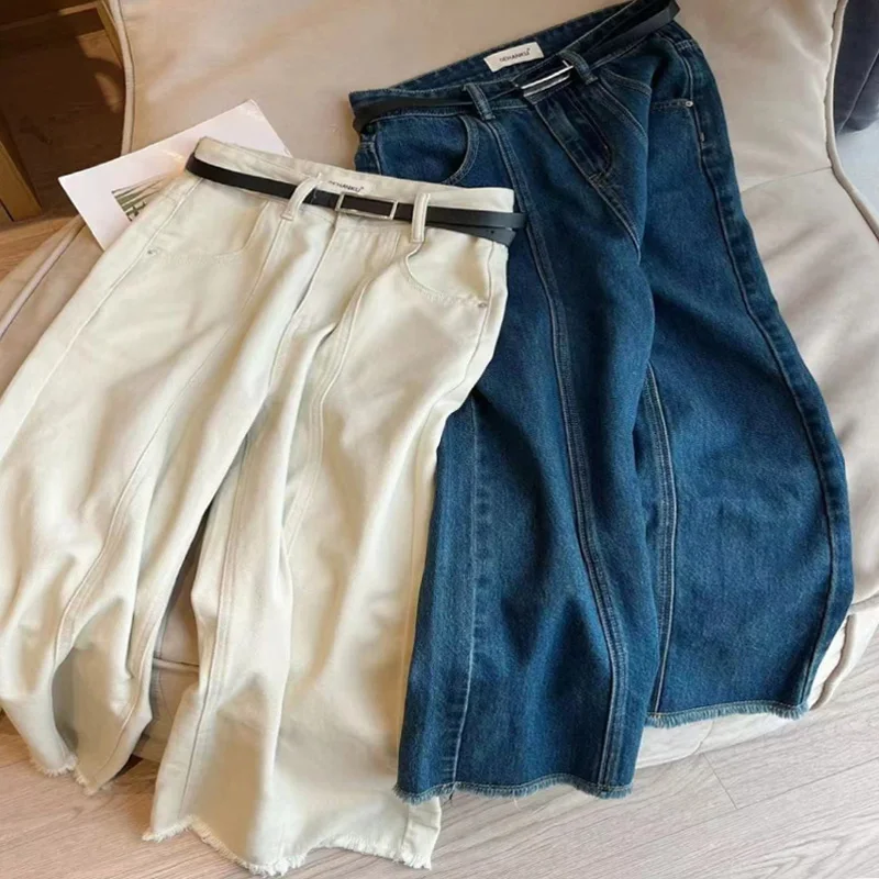 

Korean Washed Frayed Wide Leg Jeans Women's Summer Thin plus Size Fashionable Loose Slimming Nine Point Pants