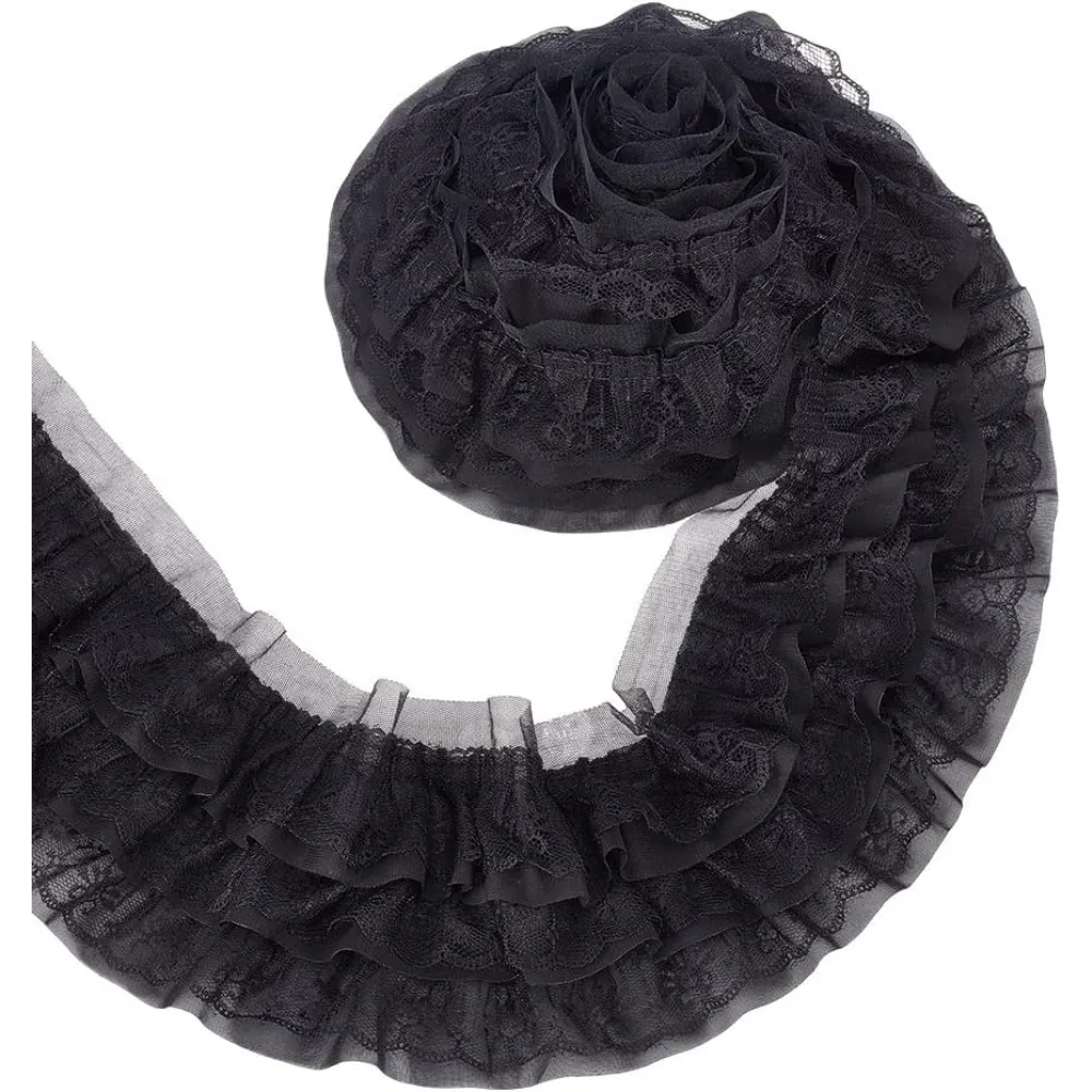 2.73 Yards 3 Layer Ruffle Lace Pleated Trim 5-1/8 inch Wide Black Chiffon Flower Trim Gathered Ribbon for Wedding Applique