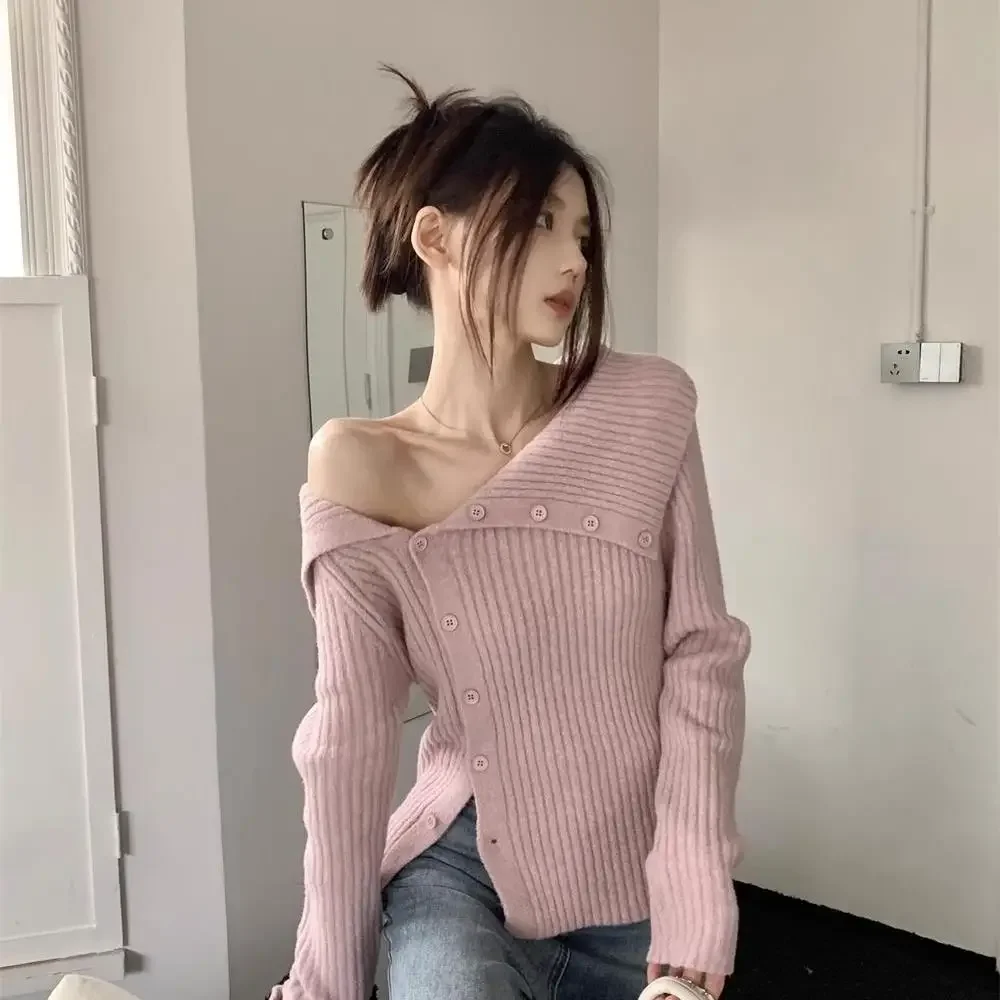 Pure Desire Large Lapeloff-The-Shoulder Women's Sweater Autumn/Winter French Irregular Slims Smooths Your Silhouette Knitted Car