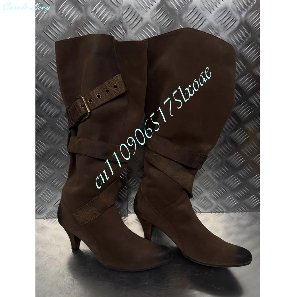 Vintage Western Knee High Boots Brown Distressed Faux Suede Multi Wrap Strap Metal Buckle Cone Heel Boots for Retro Party Shoes
