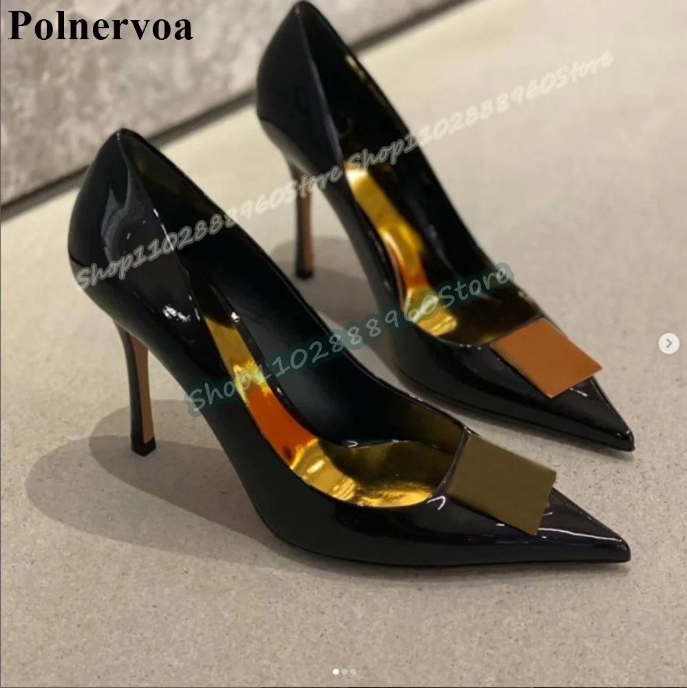 

Black Patent Leather Sheetmetal Pointy Pumps Stilettos High Heel Women Shoes Slip On Pointed Toe Sexy Gorgeous Banquet Pumps