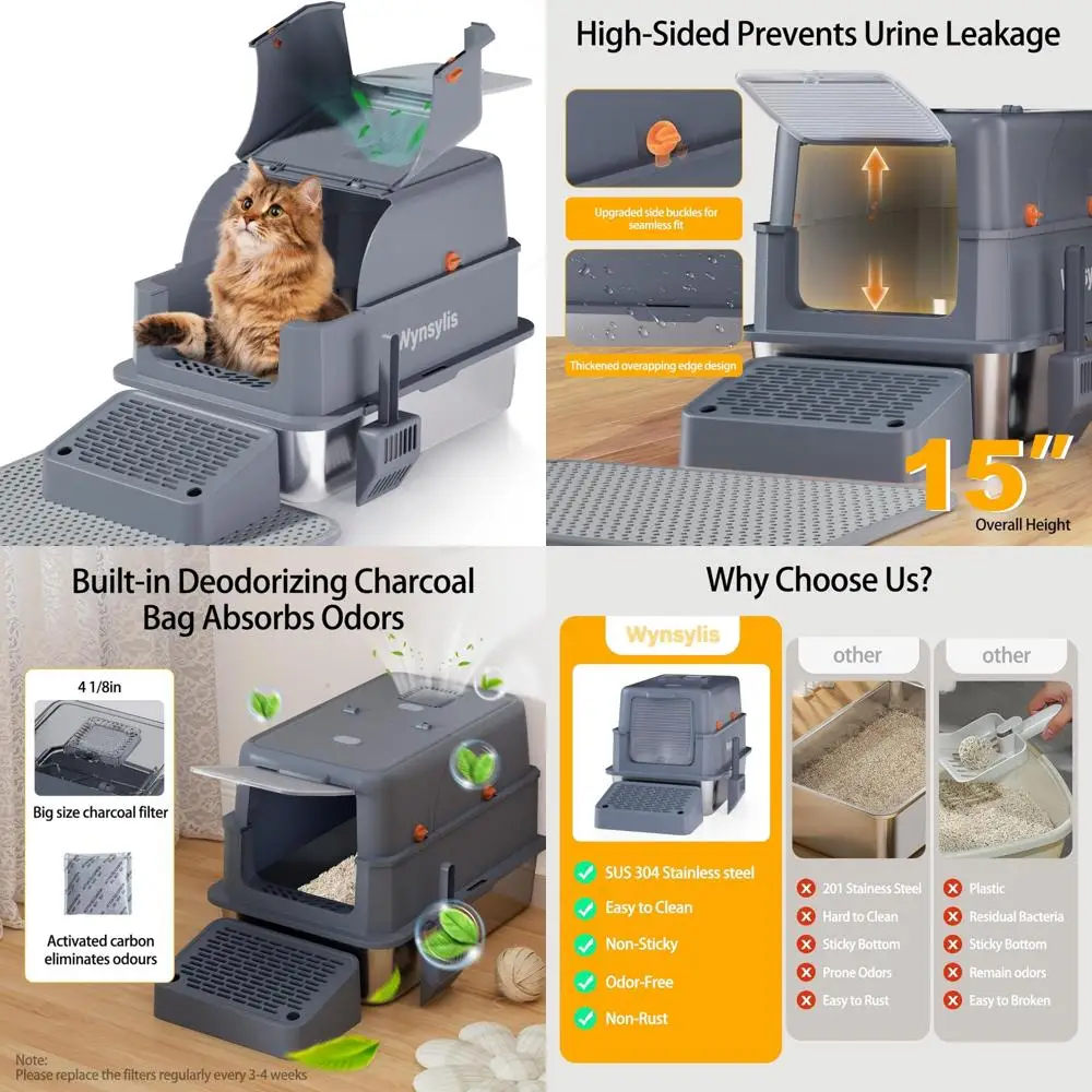 

Очень большой закрытый угольный ящик для кошачьего туалета из нержавеющей стали с откидной крышкой, высокими сторонами, рампа и совок для Eas
