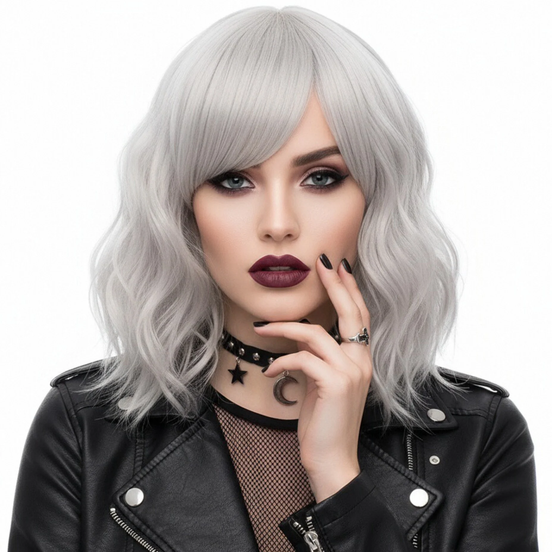 

MSIWIGS Short Wig Grey White Wavy Cosplay Red Wig with Side Bang for Women Party Costume Lolita Synthetic Hair