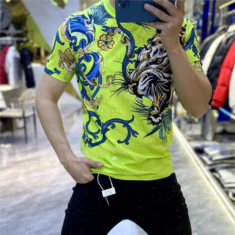 

Мужская футболка с коротким рукавом, летняя, модная, с принтом головы тигра и стразами, круглый вырез, приталенный крой, V-образный вырез, стандартная длина