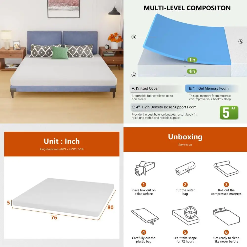 

Medium Firm Gel Memory Foam Mattress - Pressure Relieving, CertiPUR-US Certified, King Size Bed-in-a-Box with Fiberglass Support