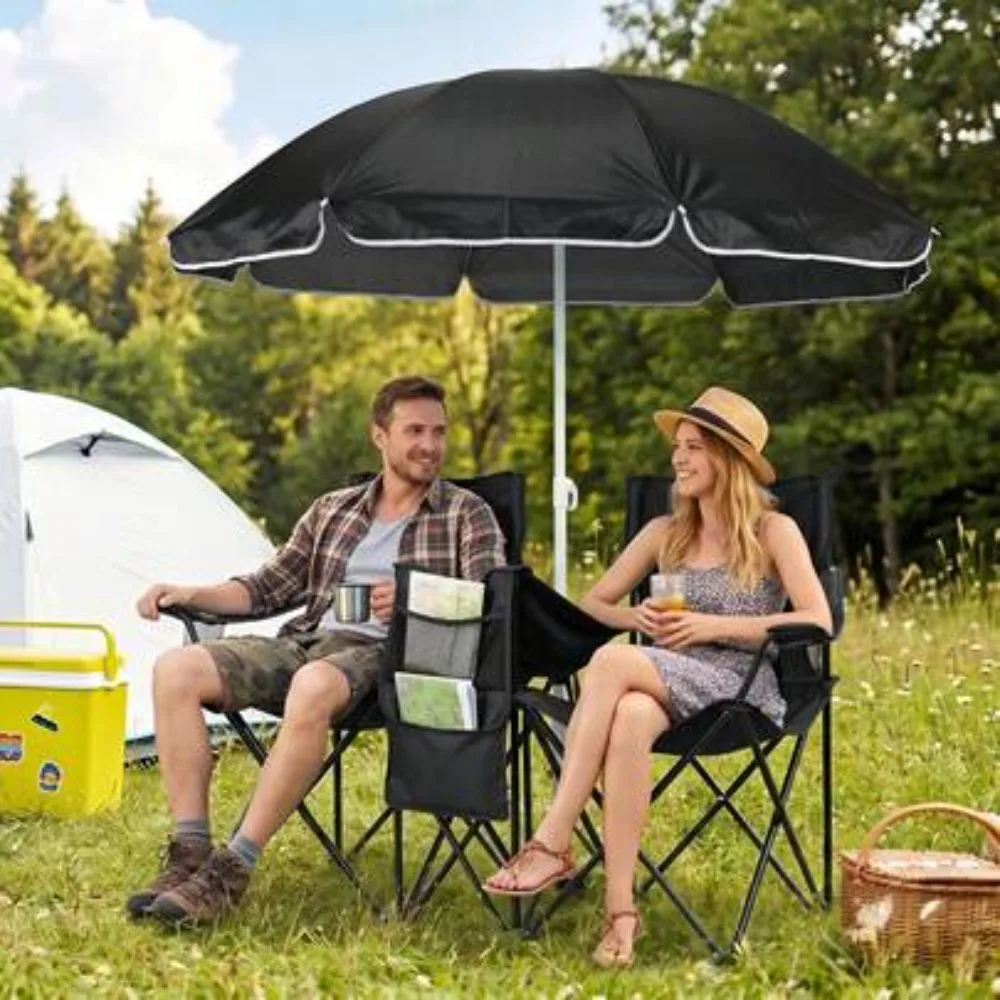 Silla de Pesca Plegable XXL Reforzada con Bolsa Térmica y 2 Portavasos, Silla Portátil para Camping para Adultos, Capacidad de 480 Libras, Ideal para Playa, Picnic y Viajes al Aire Libre, Estructura de Acero Resistente con Reposabrazos, Negra