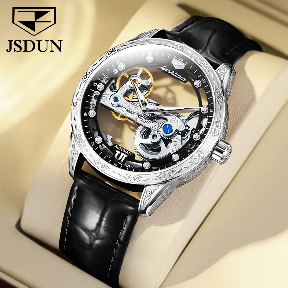 JSDUN New High Quality Men\'s Watches Original Skeleton Automatic Mechanical Wrist Watch Men Casual Fashion Leather Watch for Men