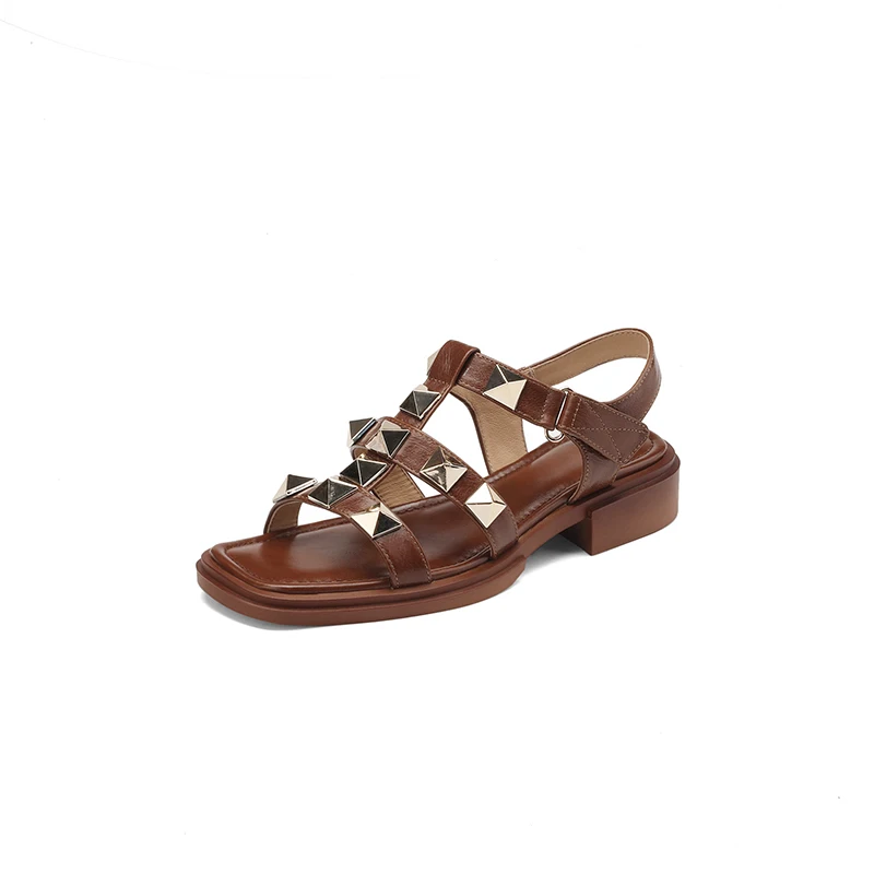 Genuine Leather Studded Slingback Heel Rivet Women's Sandals With Adjustable Ankle Buckle Roman Pumps Heels Sandals