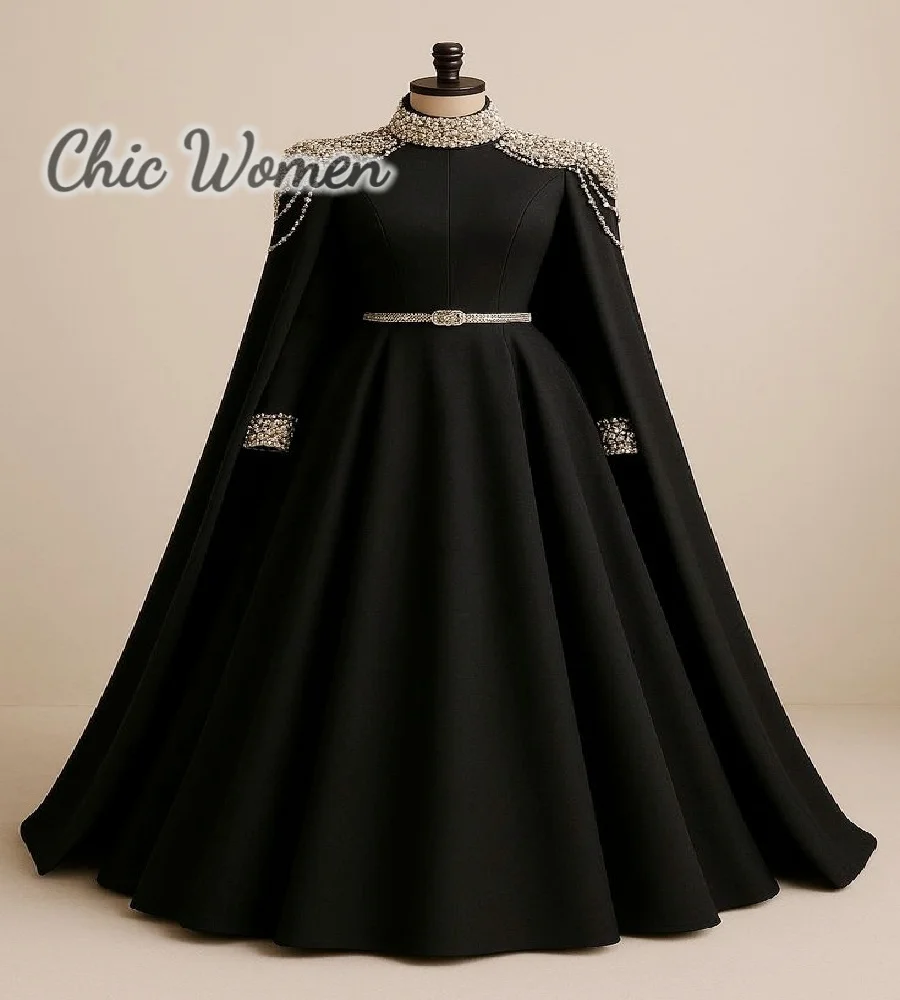 

Modern Black Arabic Dubai Evening Dress With Cape Islamic Muslim Black Prom Dress Beaded A Line Long Sleeve Formal Customized