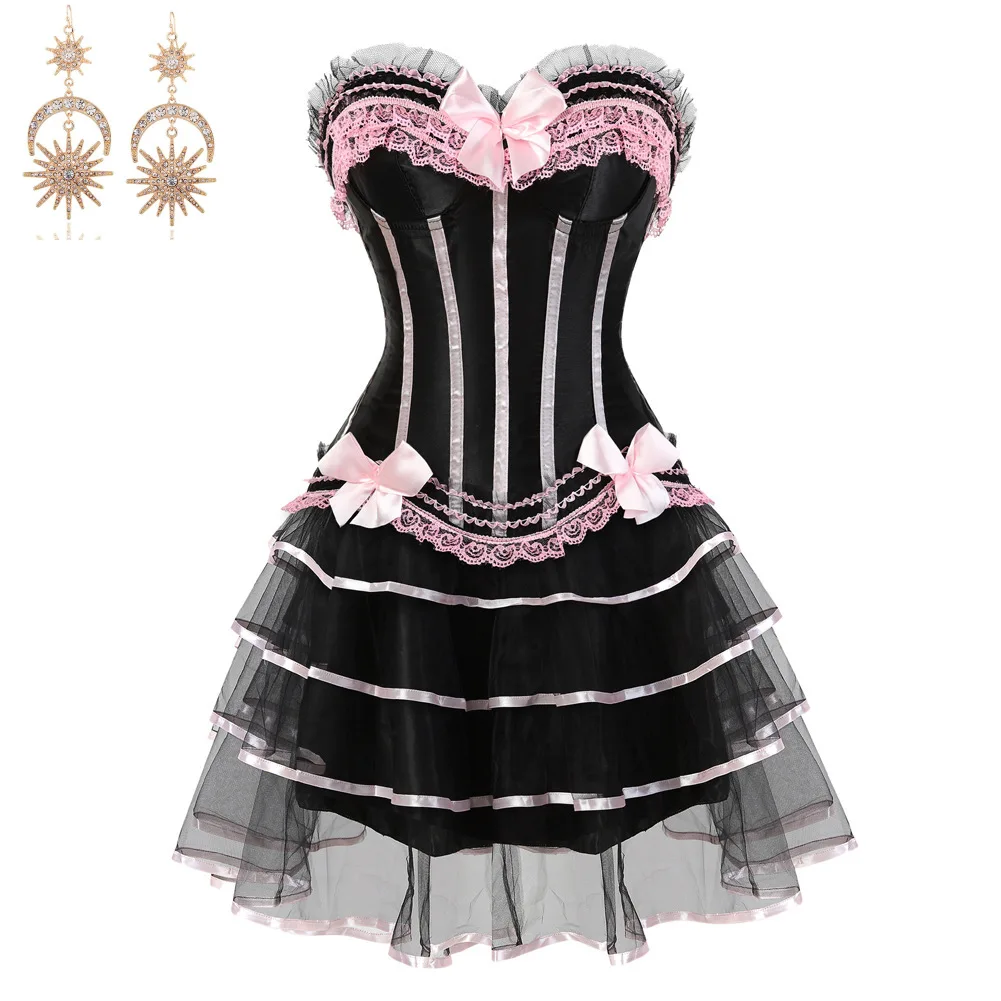 

s-6xl Retro Vintage Sexy Strapless Lace Corset Top with Tutu Skirt Earring Set Women Satin Corsets Lingerie Shapewear Clubwear