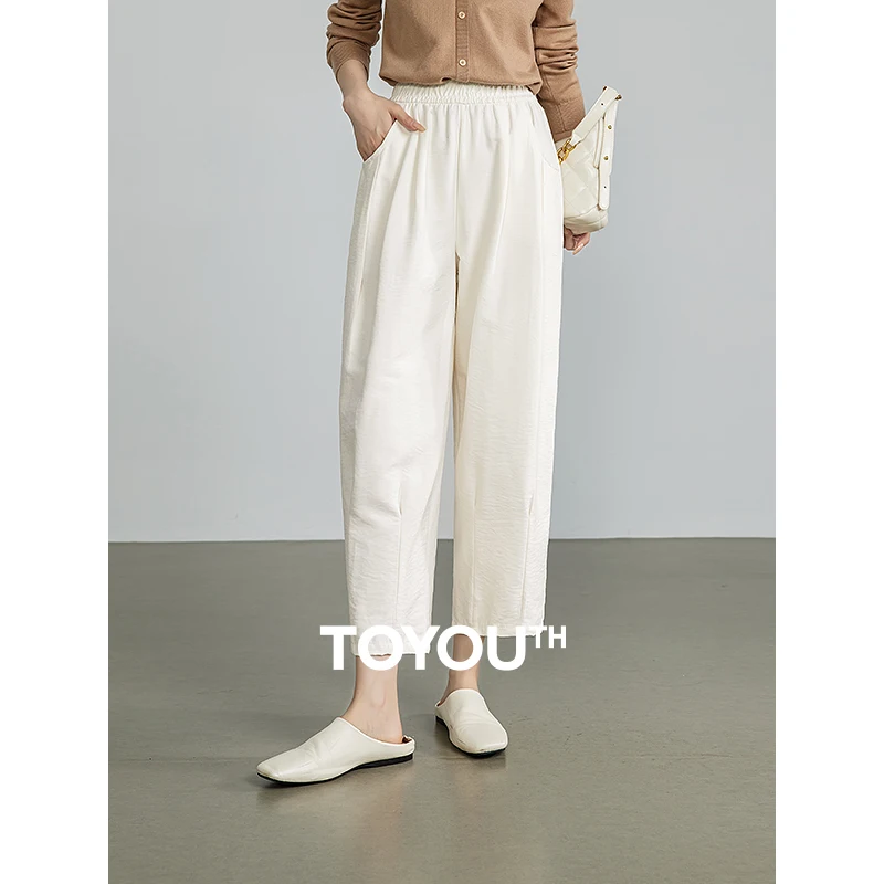 TOYOUTH Women Casual Pants 2024 Autumn New Solid Color Elastic Waist Wide Leg Ankle Length Casual Pants