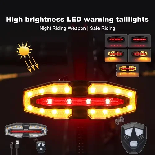 Imagen 2 del producto Luz trasera de señal de giro para bicicleta, luz trasera con Control remoto inalámbrico, lámpara trasera de energía Solar para bicicleta, luz Led Usb para Ciclismo de Carretera de montaña