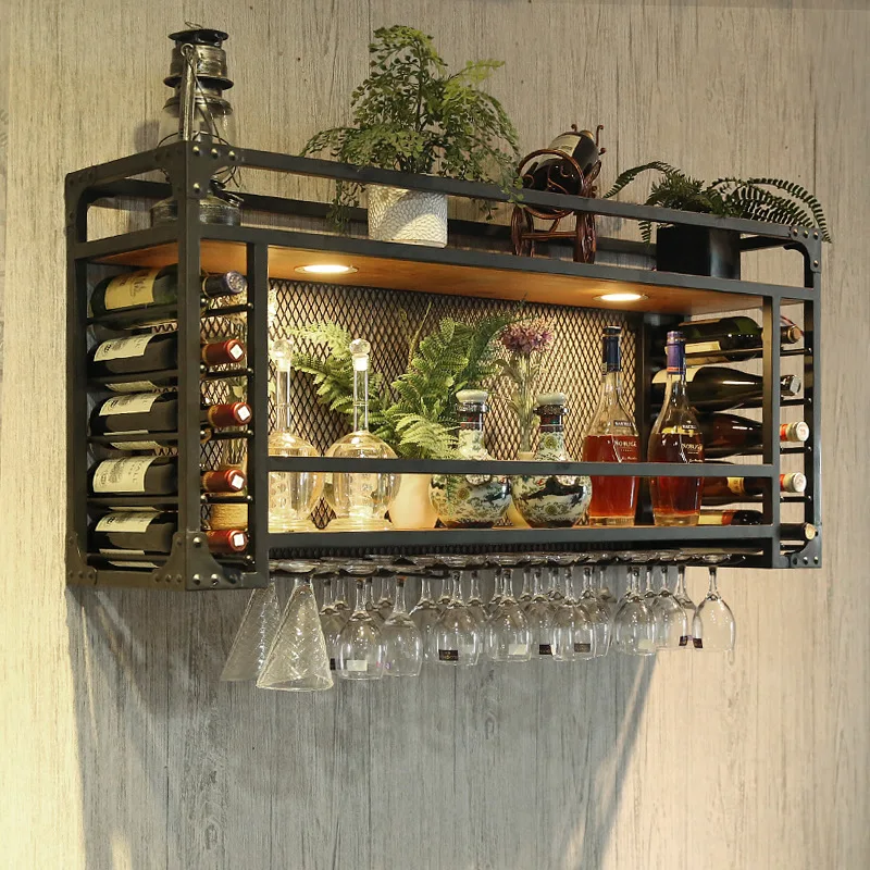 Wrought iron wall-mounted leisure bar Solid wood home living room wall red wine display rack