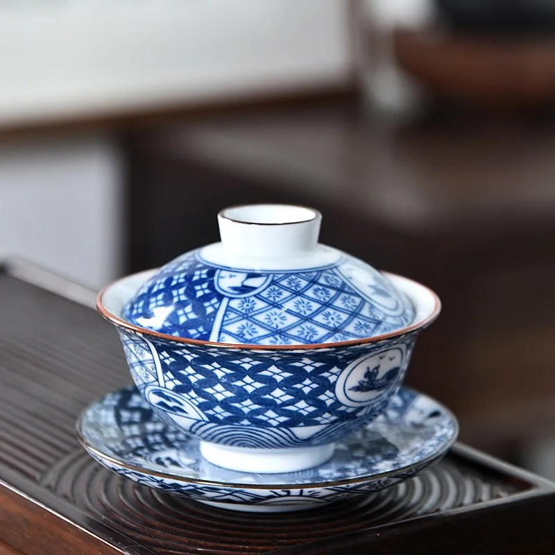Blue and White Porcelain Gaiwan Bowl San Tai Pao Eight Treasure Tea Bowl Hot Pot Restaurant Kung Fu Teaware Aesthetic Tea Cup