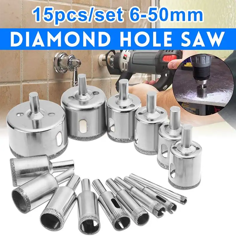15pcs/set 6-50mm Diamond Hole Saw Drill Bit Tool for Ceramic Porcelain Glass Marble Drill Bits